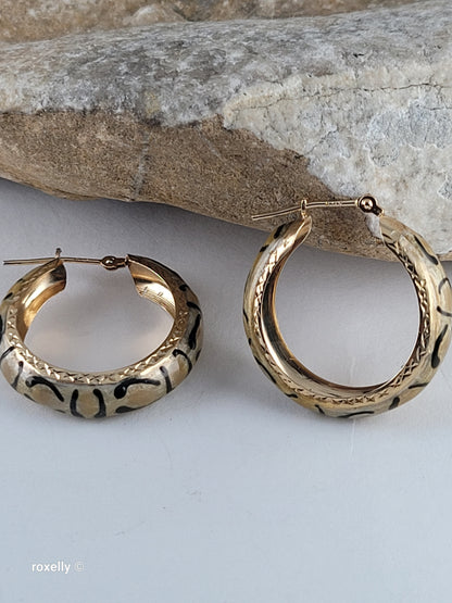 14K Yellow Gold Clasp Enamel Leopard and Diamond-Cut Hoop Earrings, Solid Gold!