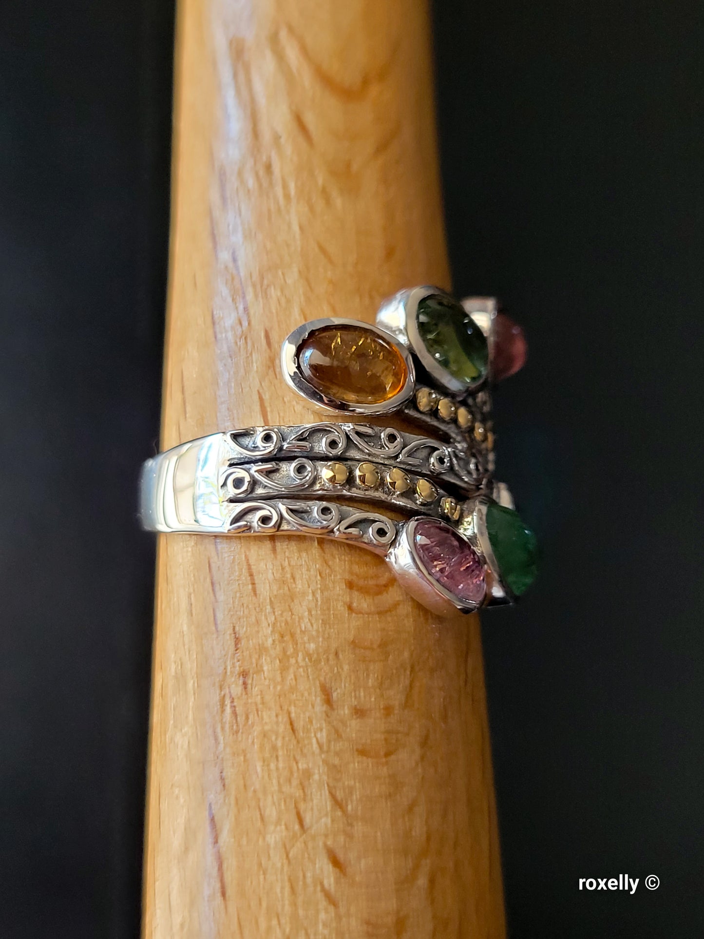 925 Sterling Silver Ring and 18K Yellow Gold, Tourmaline Gemstones Ring Size 8!