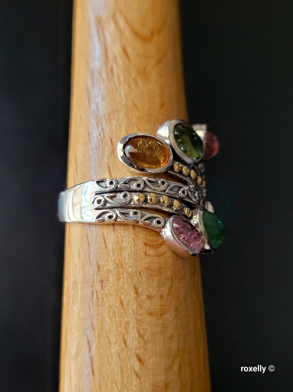 925 Sterling Silver Ring and 18K Yellow Gold, Tourmaline Gemstones Ring Size 8!