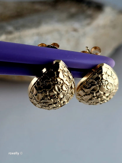 14K Solid Yellow Gold Nugget Teardrop Stud Earrings, 18.3mm Beautiful!