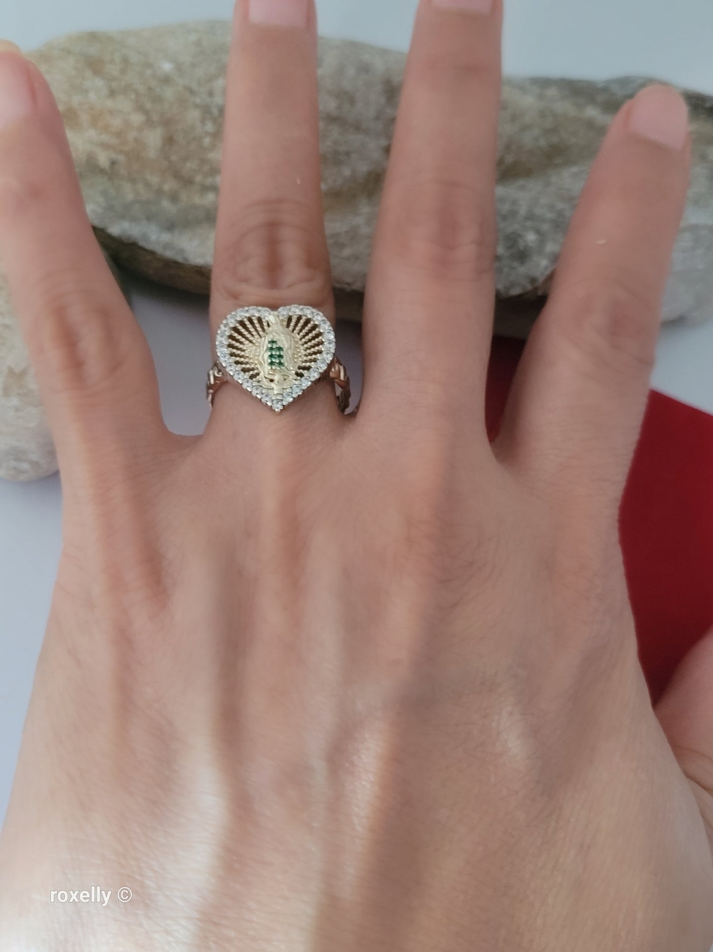 14K Yellow Gold, Heart-Shaped Lady of Guadalupe with Green and White Cubic Zirconia Ring Size 8, Solid Gold!