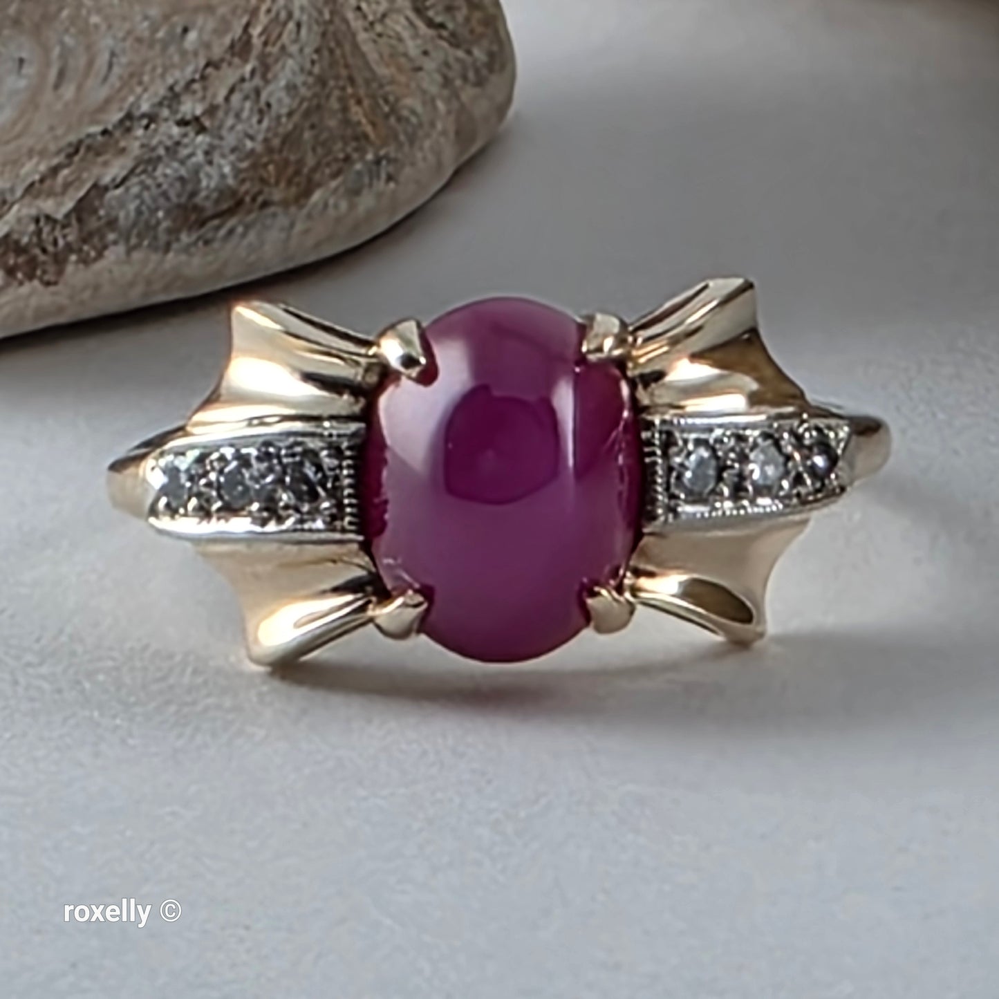 14K Yellow Gold Pink Star Sapphire and Diamond Ring Size 7.5, Solid Gold!
