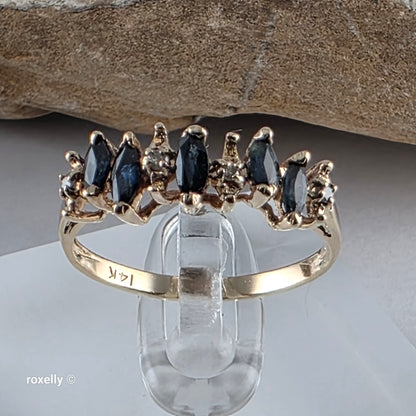 14K Yellow Gold Sapphire & Diamond Tiara Design Ring Size 6.75, Solid Gold!
