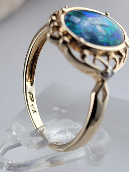10K Yellow Gold Mosaic Opal and Diamonds Cocktail Ring Size 7, Solid Gold!