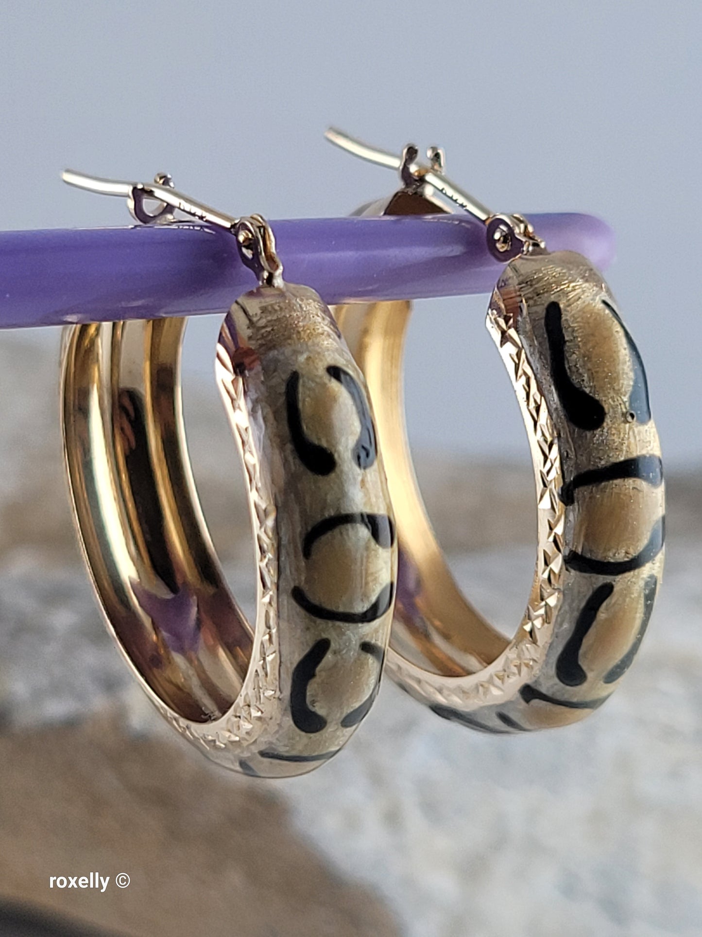 14K Yellow Gold Clasp Enamel Leopard and Diamond-Cut Hoop Earrings, Solid Gold!