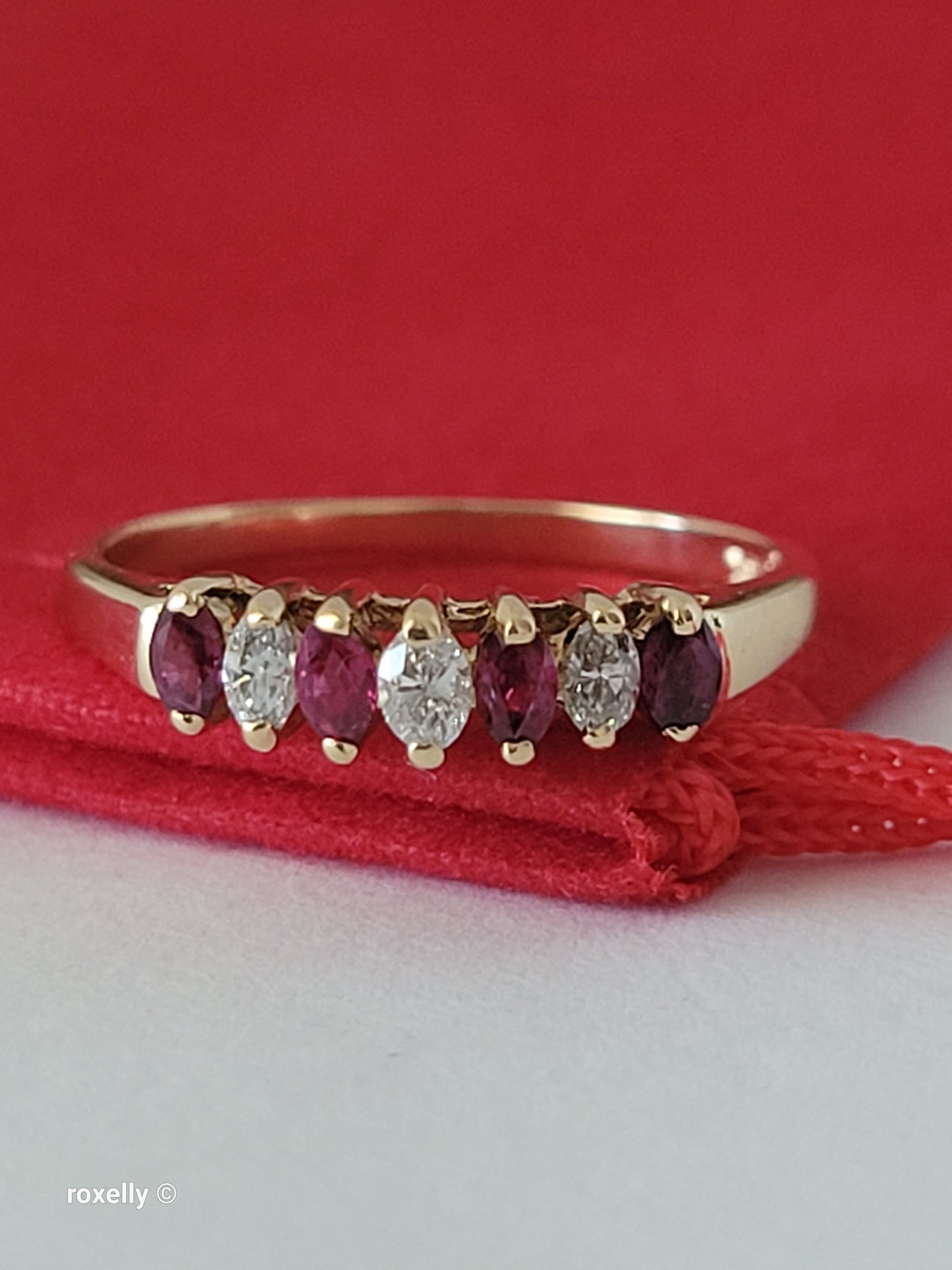 14K Yellow Gold Rubies and Diamonds Band Ring Size 6, Solid Gold