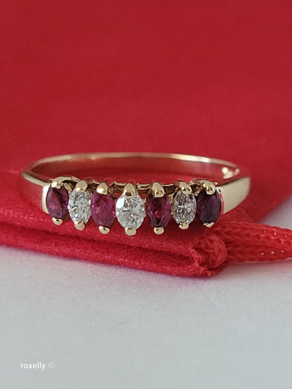 14K Yellow Gold Rubies and Diamonds Band Ring Size 6, Solid Gold