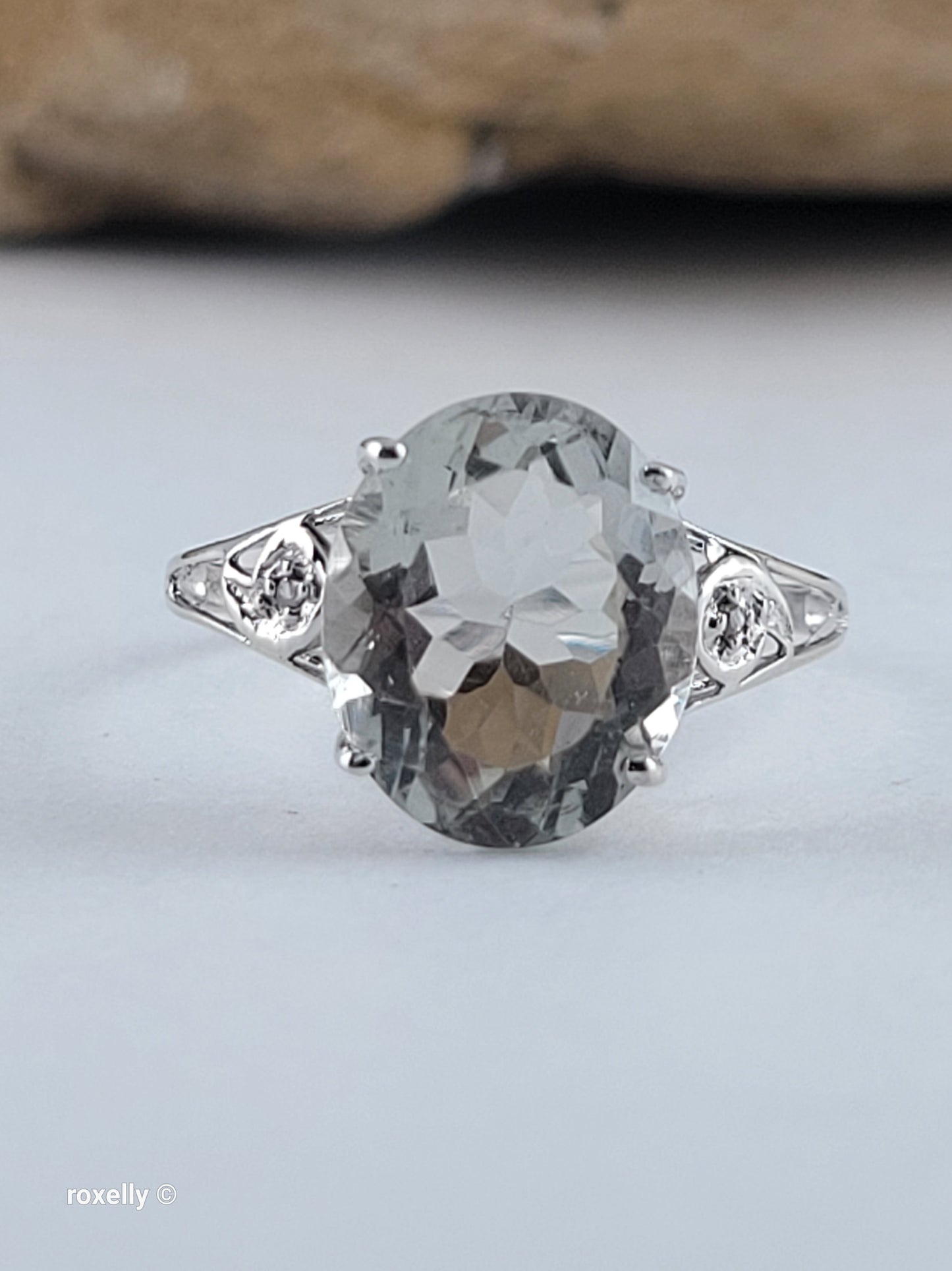 10K White Gold Prasiolite and Genuine Diamonds Ring Size 7, Solid Gold