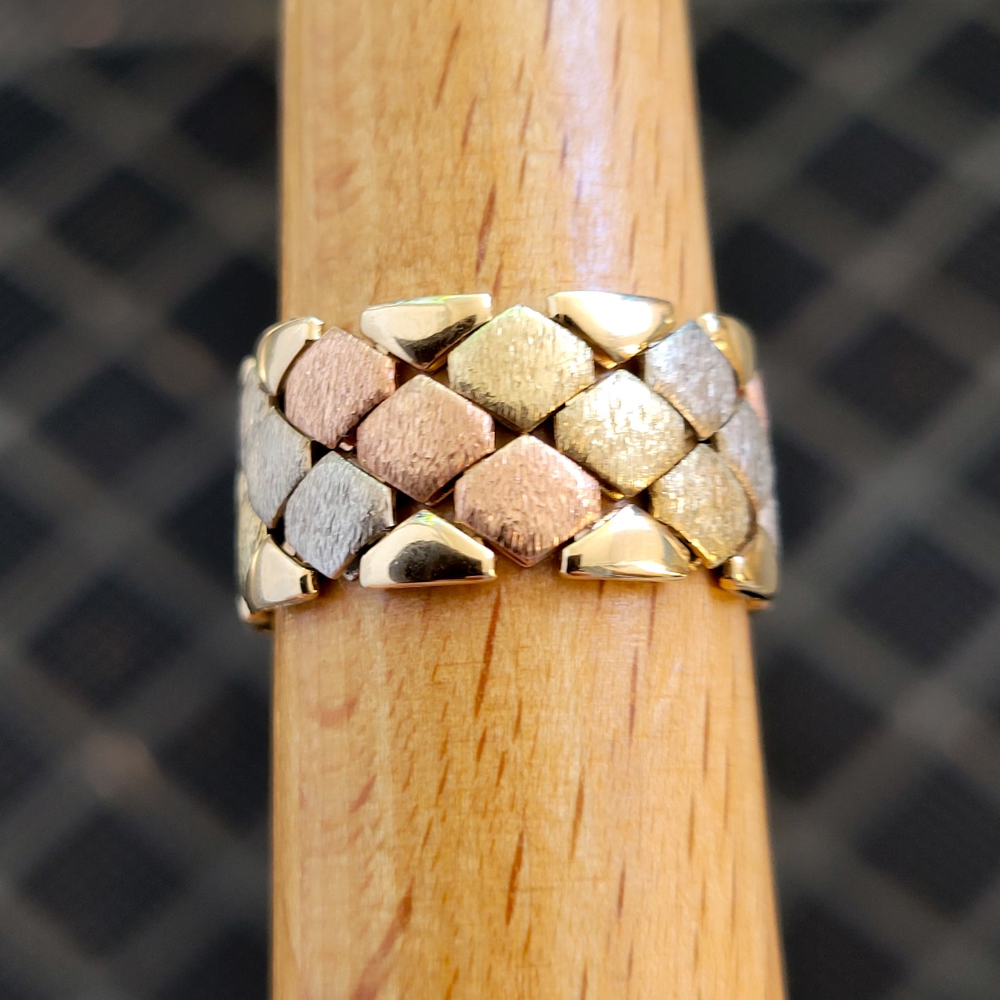 14K Tri-Color Gold Satin Flexible Cigar Band Ring Size 9 – Made in Italy!
