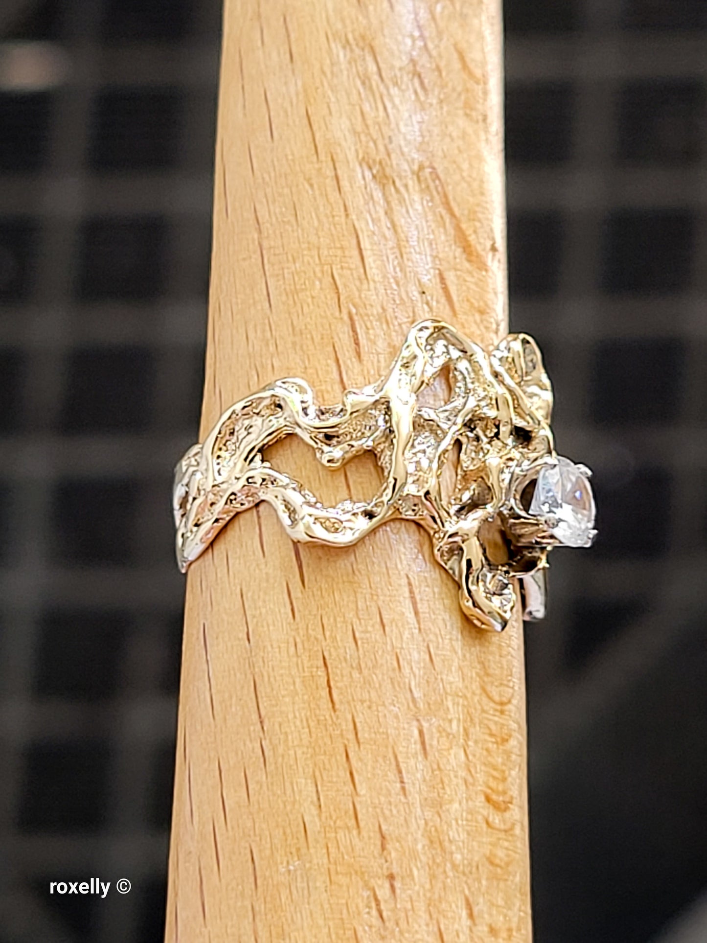 14K Yellow Gold Vintage Cubic Zirconia Brutalist Ring, Solid Gold!
