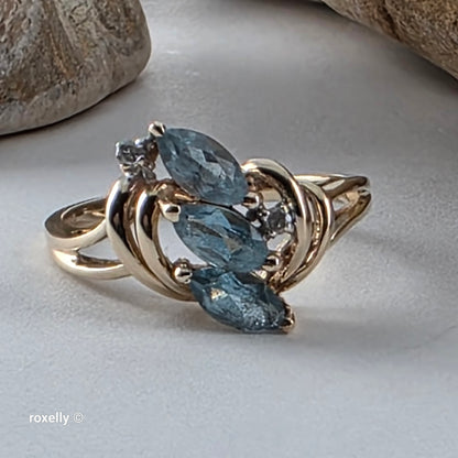 14K Yellow Gold Blue Topaz and Diamond Cocktail Ring Size 6, Solid Gold!