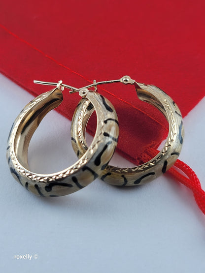 14K Yellow Gold Clasp Enamel Leopard and Diamond-Cut Hoop Earrings, Solid Gold!