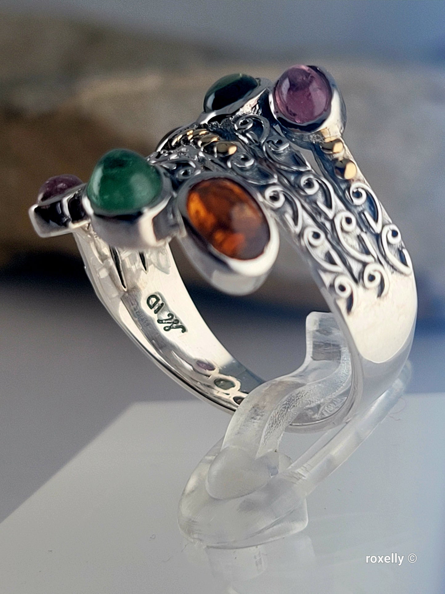 925 Sterling Silver Ring and 18K Yellow Gold, Tourmaline Gemstones Ring Size 8!