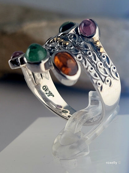 925 Sterling Silver Ring and 18K Yellow Gold, Tourmaline Gemstones Ring Size 8!