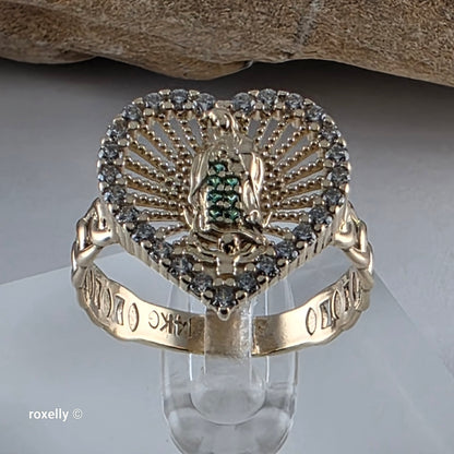 14K Yellow Gold, Heart-Shaped Lady of Guadalupe with Green and White Cubic Zirconia Ring Size 8, Solid Gold!