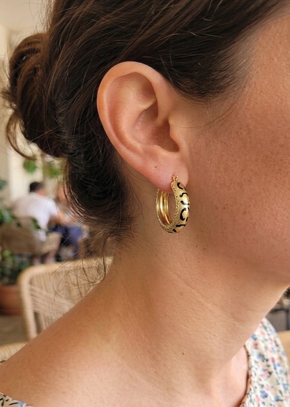 14K Yellow Gold Clasp Enamel Leopard and Diamond-Cut Hoop Earrings, Solid Gold!