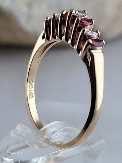 14K Yellow Gold Rubies and Diamonds Band Ring Size 6, Solid Gold