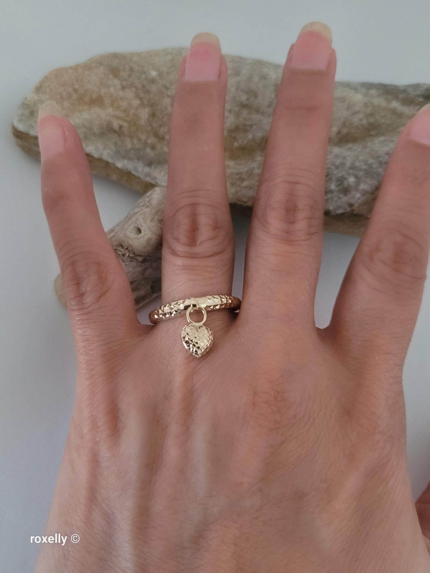 14K Yellow Gold Diamond-Cut Ring Size 10 with Heart Charm, Solid Gold!