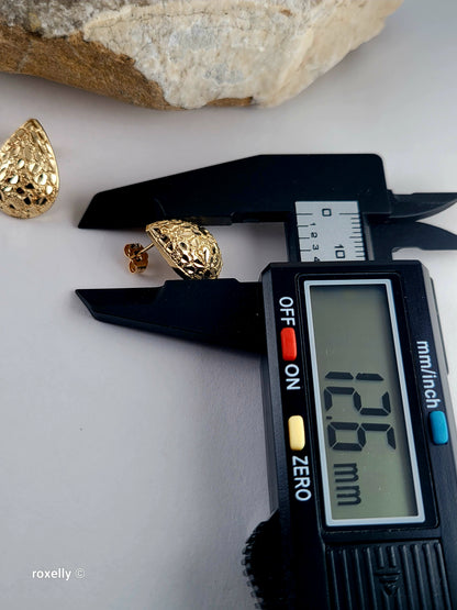 14K Solid Yellow Gold Nugget Teardrop Stud Earrings, 18.3mm Beautiful!