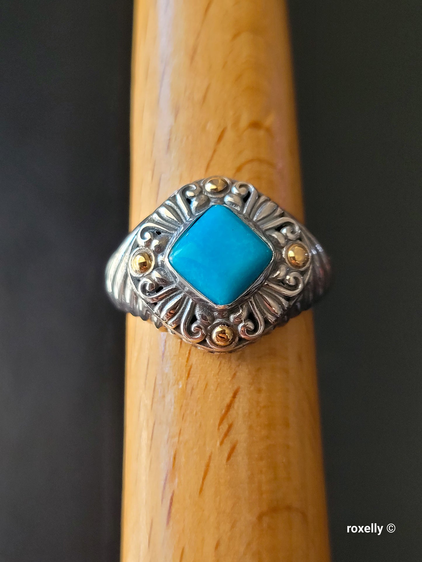 925 Sterling Silver and 18K Yellow Gold Turquoise Carved Cable  Ring